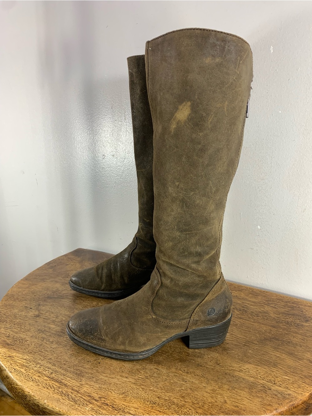Vintage brown olive distressed Suede leather knee high riding western boots